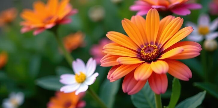 Light orange purple blooms on a shrub with white flowers, dimorphotheca flowers, light orange purple osteospermum flowers