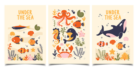 Set of sea postcards with hand-drawn sea animals, plants