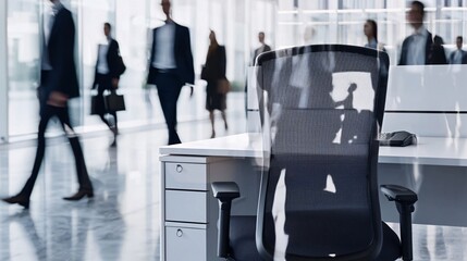 conceptual double exposure featuring an empty desk with a faded image of people walking by, depicting the growing issue of unemployment and workforce uncertainty. [Empty desks]:[rising unemployment 