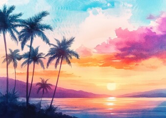 Fototapeta premium Palm Trees Sunset Watercolor Tropical Beach Illustration Sky Nature Summer Vacation Exotic