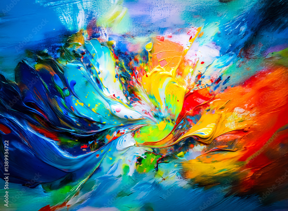 Poster A vibrant, abstract artwork bursting with color, showcasing a dynamic interplay of hues. The image features a central, flower-like form with bold strokes and textures.