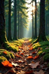 Obraz premium Pine forest floor covered in fallen leaves and pine needles, leaves, nature