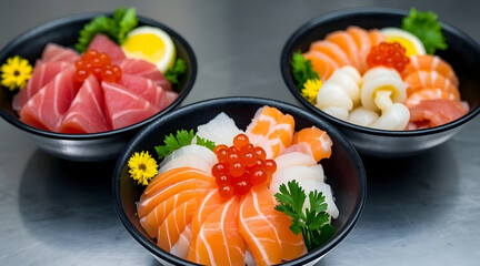 A three bowl of donburi with a slices of various types of fish sashimi.