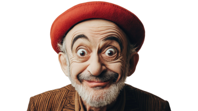 An elderly man with lively eyes and a playful grin wears a bright red hat and a patterned jacket. His cheerful expression adds warmth and charm to the composition
