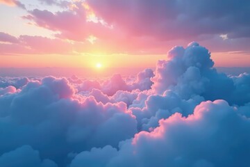 Pink and blue hues of sunset on fluffy white clouds, soft, color