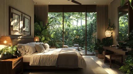 Fototapeta premium Serene Tropical Bedroom Oasis: Luxurious Interior Design with Garden Views