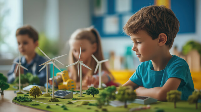 Children are engaged classroom activity, learning about renewable energy through hands model featuring wind turbines and solar panels. Their expressions reflect curiosity and enthusiasm