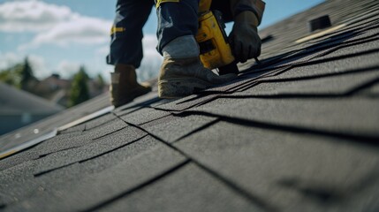 A roofer repairing shingles on a steep roof. Featuring focus and dexterity