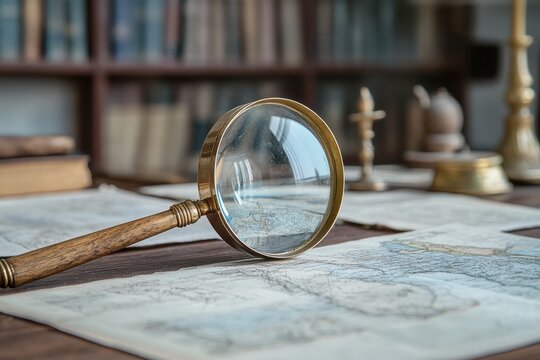 Antique magnifying glass on old map revealing historical secrets in a library setting with warm