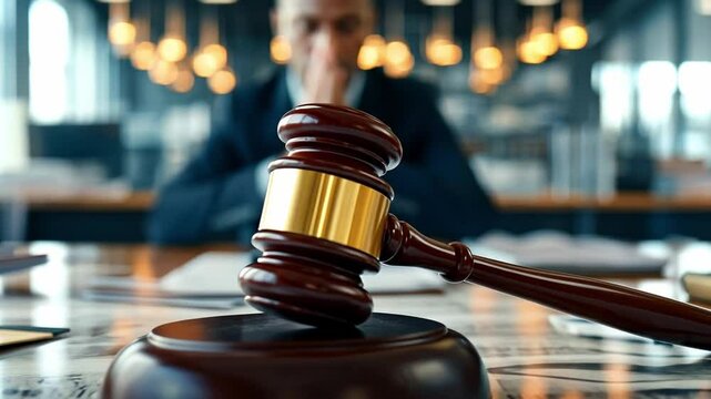 Courtroom gavel symbolizes justice while a stressed individual contemplates a critical verdict