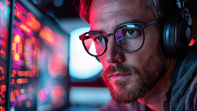 Focused programmer intensely working at a computer