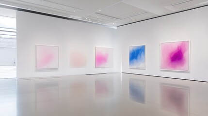 Modern abstract paintings in a gallery