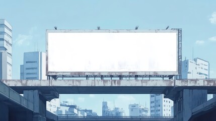 Obraz premium Empty white billboard hangs on concrete urban bridge. Modern billboard advertising space for commercial promotion. Cityscape background with buildings, light blue sky. Blank space for advertisement.