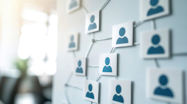 Organizational chart with candidate icons and checkmarks, strategic hiring plan