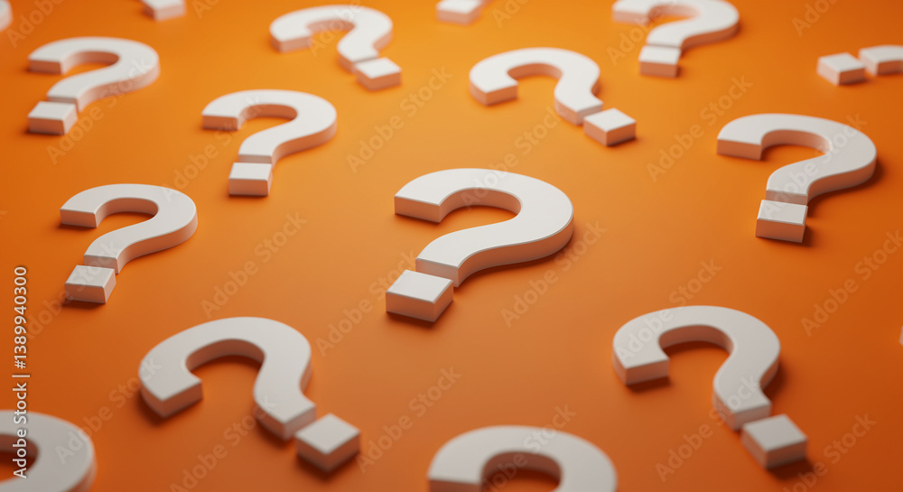 Fototapete Question marks on orange background create a pattern with many white question marks creating a sense of inquiry and uncertainty