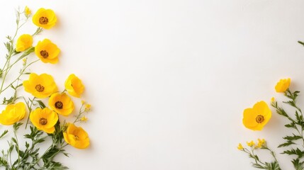 Delicate yellow flowers arranged on a white background