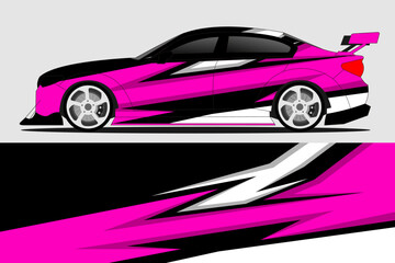 Vibrant pink and black racing car design showcasing sleek profile and dynamic graphics against a neutral background
