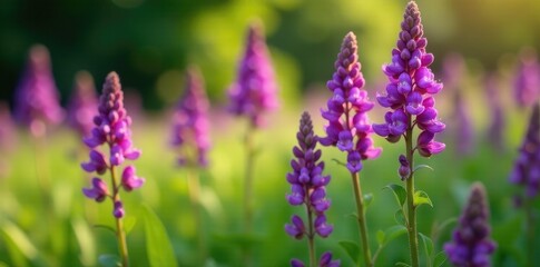 Obraz premium Purple flowers of Penstemon Sour Grapes blooming in a lush green meadow, nature, botanical garden, purple flowers
