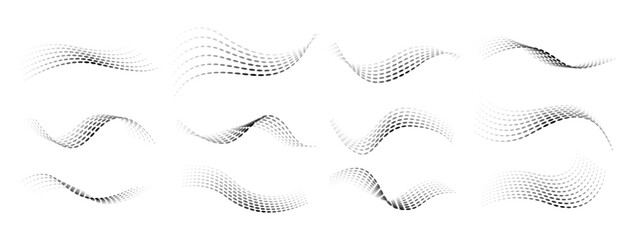 Dotted halftone waves set. Flowing wavy lines patterns. Abstract liquid shapes, wave effect dotted gradient textures. Curve textures with halftone circular point isolated on white background