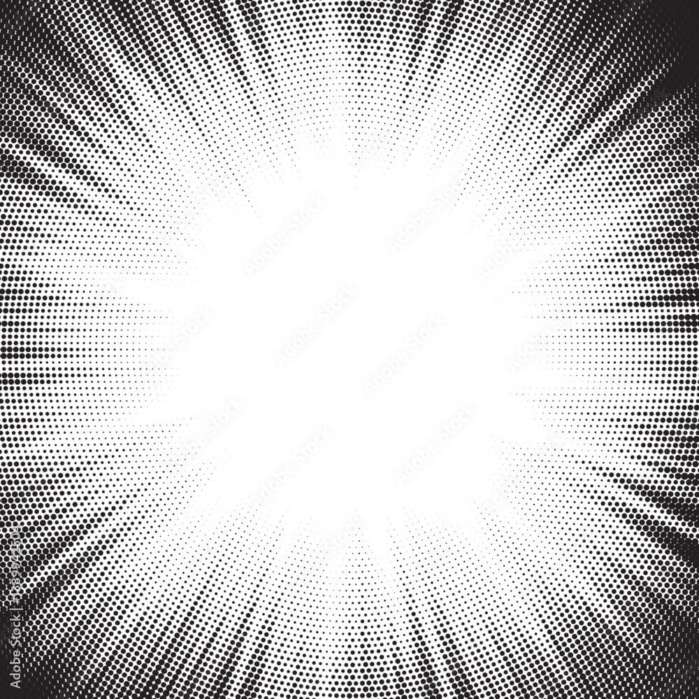 Fototapete Halftone gradient sun rays pattern. Abstract halftone vector dots background. monochrome dots pattern. Vector background in comic book style with sunburst rays and halftone. Retro pop art design.