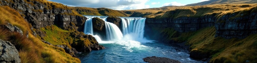 Fototapeta premium serene waterfalls cascading down rugged Scottish landscape, falls, landscape