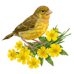 Yellow bird perched on a cluster of bright yellow buttercup flowers