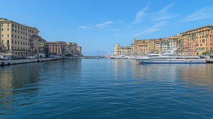 Obraz premium Picturesque Harbor View in Italy: Calm Waters, Colorful Buildings, and Luxurious Yachts