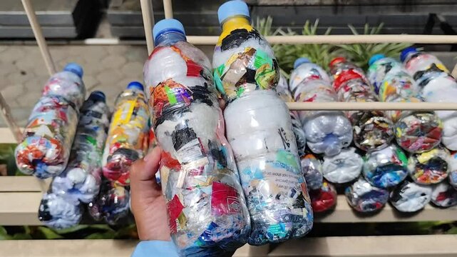 Colorful Plastic Bottle Ecobricks Filled with Non-Organic Waste for Creative Recycling Solution and Sustainable Household Waste Management

