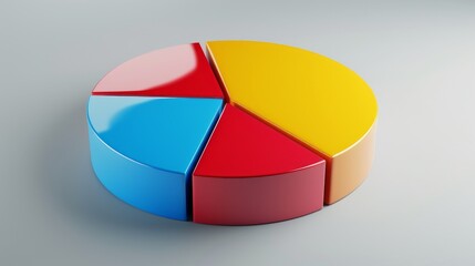 Obraz premium Glossy D pie chart with bold red, blue, and yellow parts on a flat gray surface