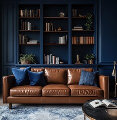 Cozy library-style living room with rich navy blue built-in shelving and a tan leather sofa