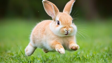 Fototapeta premium Joyful rabbit hopping through lush meadow nature photography vibrant green environment close-up view whimsical concept