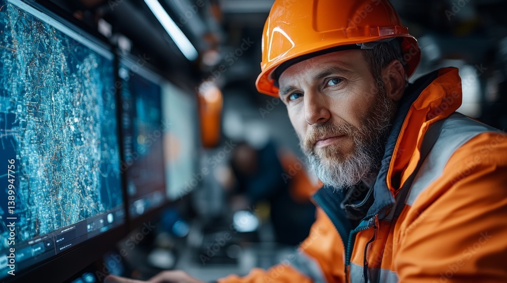 Aufkleber a safety professional monitors drilling and extraction in a high tech control room, ensuring efficie