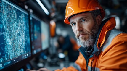 A safety professional monitors drilling and extraction in a high tech control room, ensuring efficiency in offshore petroleum projects.