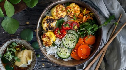 Top view of veggie sushi bento box with tamagoyaki, rice balls, and pickled vegetables