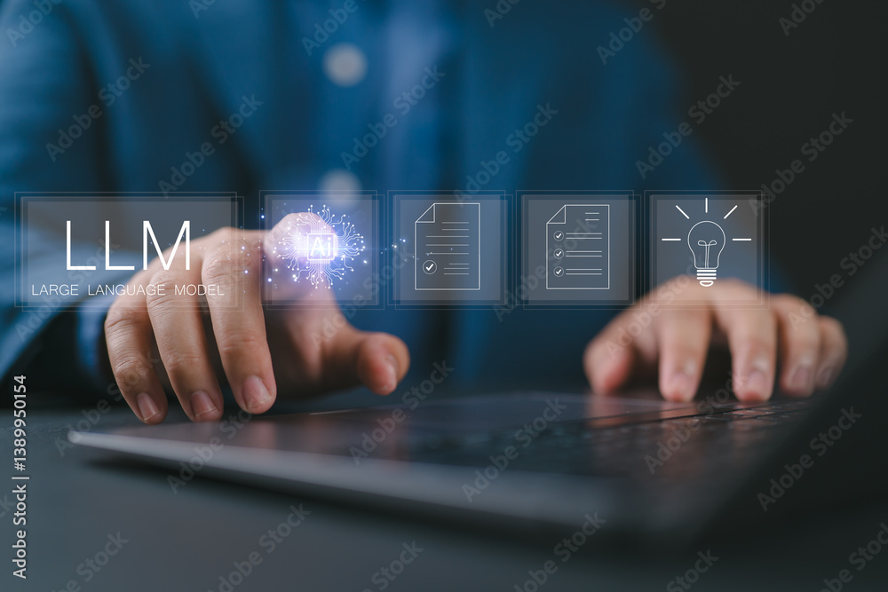 Poster LLM, AI large language model concept, Big data, data transfer, generative Ai, natural language generative and data mining. Businessman touch large language model on virtual screen.