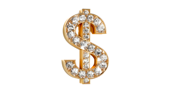 Diamond dollar sign gold jewelry wealth finance luxury investment cash isolated on transparent background