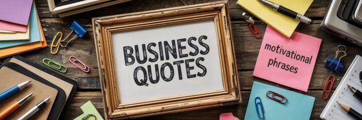 Obraz premium Rustic photo frame with office supplies and motivational sticky notes