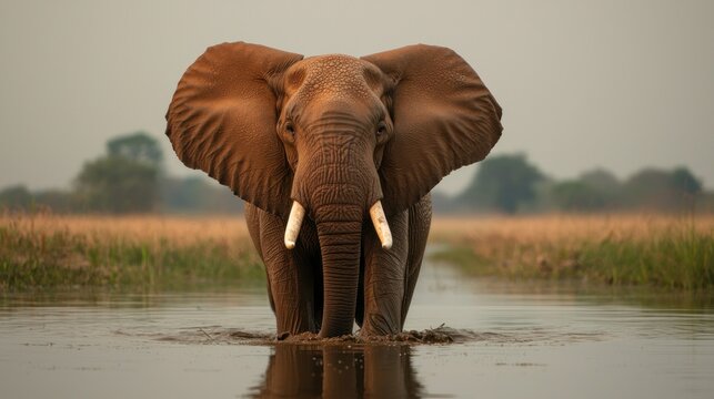 Tranquil african landscape close-up of elephant bathing in muddy river for wildlife conservation