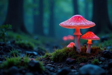 Fototapeta premium Softly glowing luminescent mushrooms in a forest clearing, acceptance, stillness