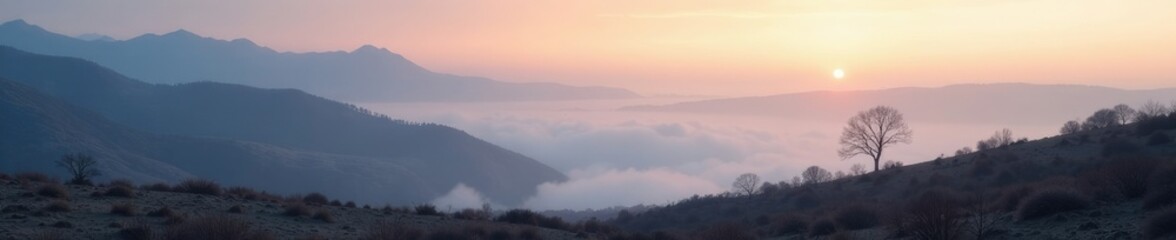 Fototapeta premium Softly glowing mist rises from barren terrain, mist, subtle, fog