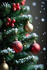 Naklejka premium Sparkling snowflakes gently fall on a decorated Christmas tree, festive, holly, tree
