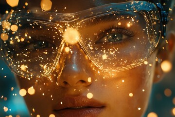 Close-up of a Young Woman with Sparkling Bokeh Effect and Protective Glasses on Her Face