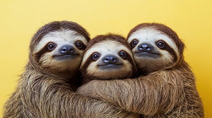Fototapeta premium Three Sloths Embracing on Yellow Background