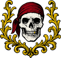 Nautical ornament a pirate skul in sketch style. Vintage illustration   © Riszczel