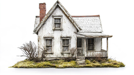 rustic farmhouse with weathered exterior on white background