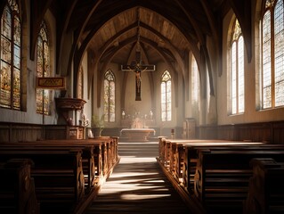 Fototapeta premium realistic photo of the interior of an old Christian church, soft natural light streaming through stained glass windows