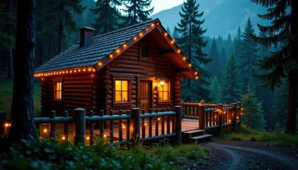 Fototapeta premium Twinkling fairy lights adorn a wooden fence surrounding a secluded cabin with a majestic fir tree in front, peaceful cabin, fir tree