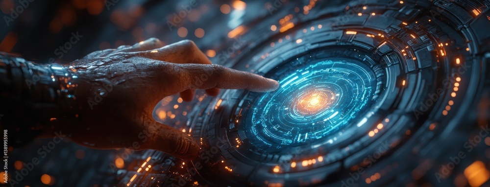 Poster Futuristic Digital Interface with Hologram Technology AI Interaction Cyberpunk Art Style