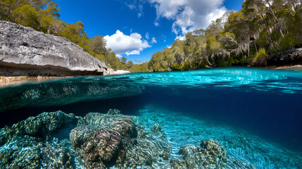 Fototapeta premium Vibrant Turquoise River with Lush Green Banks Under a Blue Sky