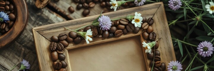 Top-down photo of coffee bean-decorated frame with wildflowers on aged wood